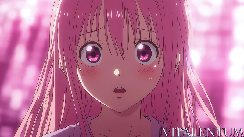 Shocked pink haired anime girl with glowing heart eyes.