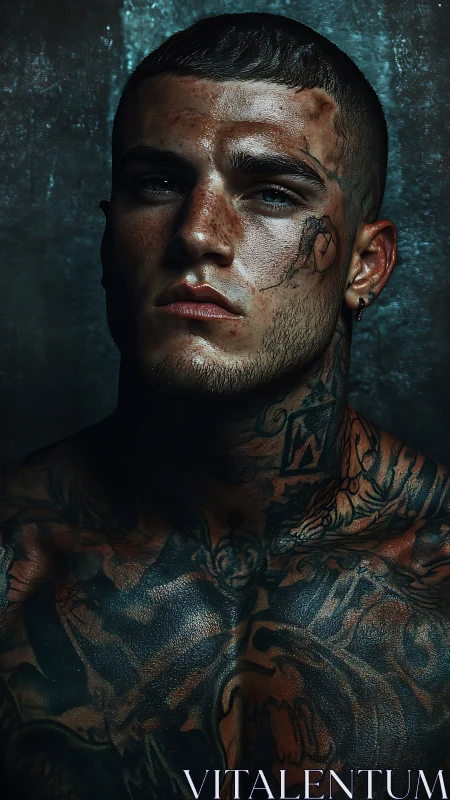 Tattooed man stares defiantly through moody cinematic light