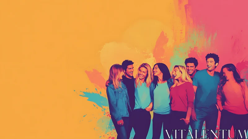 Young friends standing together on vivid color backdrop.