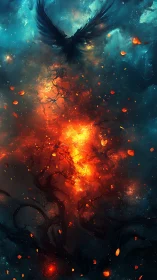 Emberwing phoenix rising through cosmic stormfire skies.