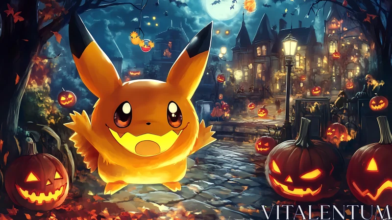 Pikachu in a Halloween street of glowing jack o lanterns.