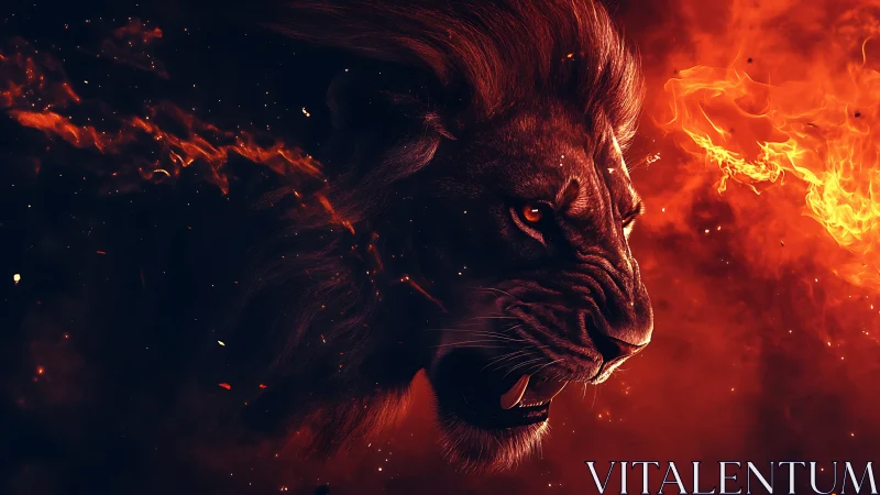 Roaring lion&rsquo;s fiery profile ignites a dark infernal void