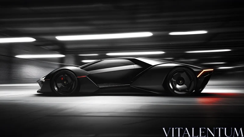 Matte black hypercar renders in dynamic tunnel motion.