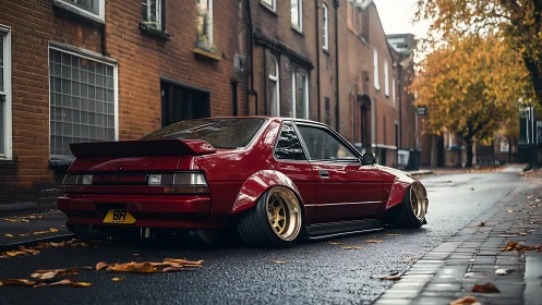 Stanced red coupe parked on wet autumn city street.