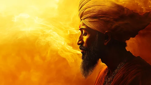 Mystic elder profile glows within swirling golden smoke.