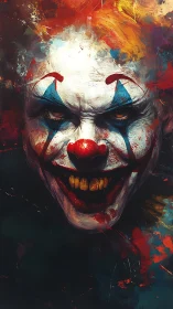 Sinister clown portrait in chaotic, blood-red brushstrokes.