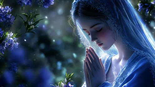 Luminous blue maiden in moonlit prayer among quiet blossoms.
