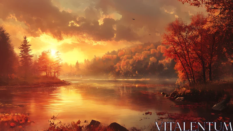Low-angle autumn lakeside sunset with volumetric light diffusion