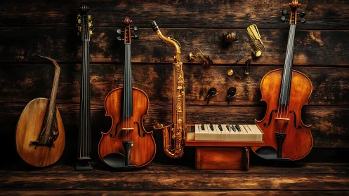 Orchestral strings, saxophone and keyboard on rustic wood backdrop