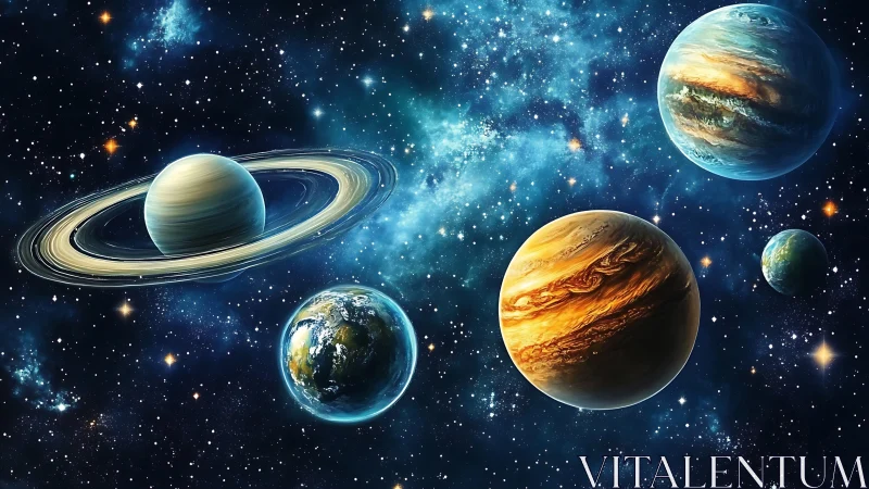 Colorful gas giants orbit within dense luminous starfield