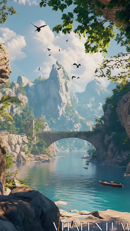 Stone arch bridge spans tranquil river in steep mountain gorge