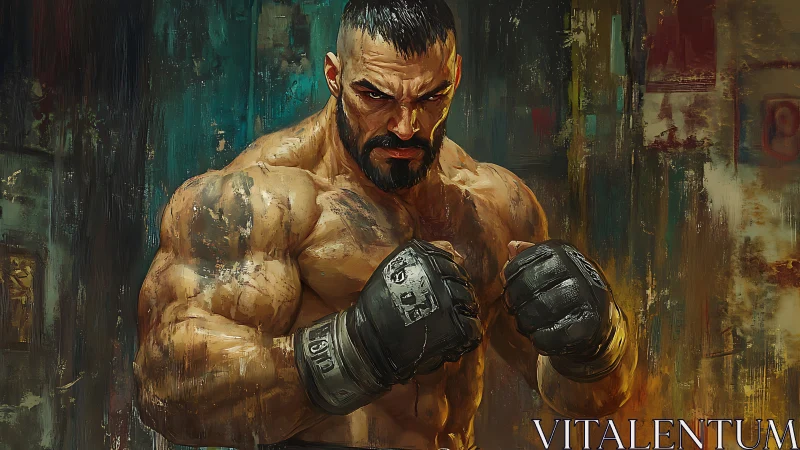 Muscular male fighter with gloves in abstract painted gym.