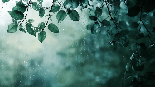 Green leaves against rainy glass in soft teal light.