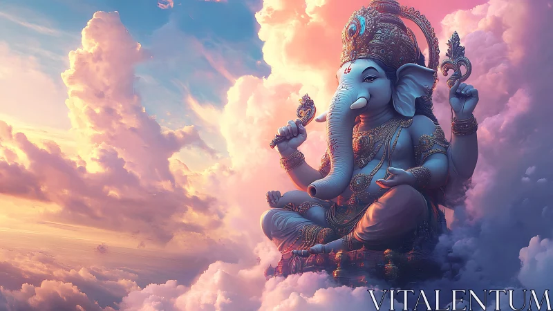 Digital painting of celestial Ganesha amid luminous clouds.