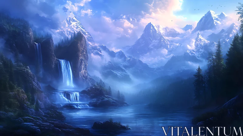Mystic blue mountains welcome a serene waterfall valley