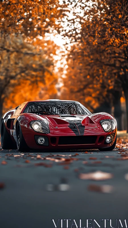 Red classic sports car glides under autumn tree canopy