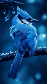 Blue Jay Perched on Frosted Branch in Winter Glow.