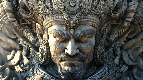 Ornate stone guardian bust with intricate mythic relief carvings