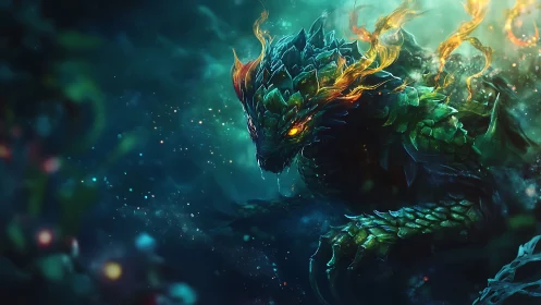 Bioluminescent draconic leviathan with flaming crest emerges.