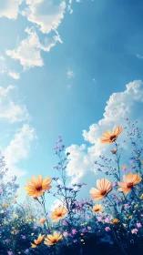 Cheerful Wildflowers Dancing Under Bright Blue Sky