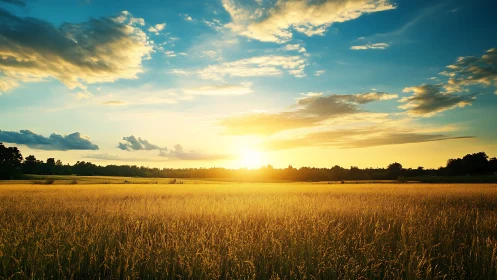 Golden evening sunlight gently warms a quiet country field