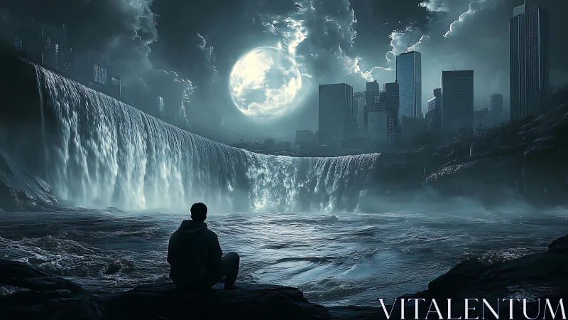 Moonlit urban waterfall engulfs futuristic city skyline.