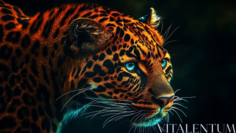 Leopard Portrait with Turquoise Eyes Against Dark Background