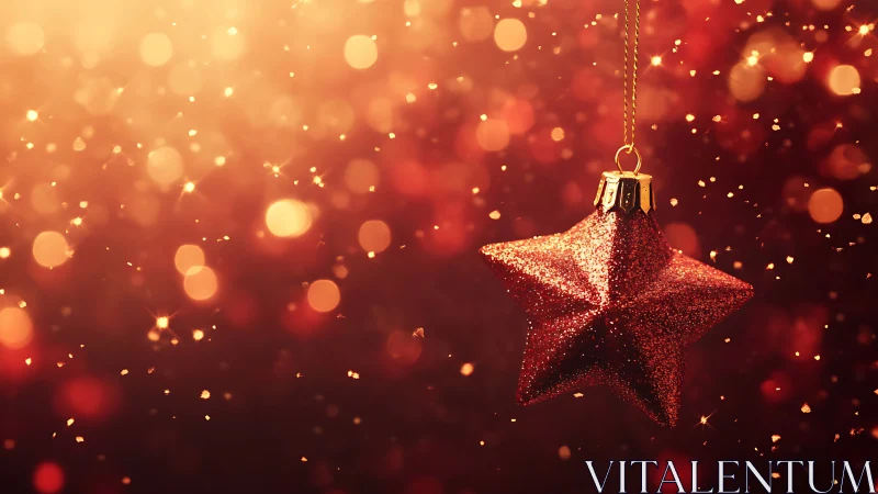 Glittering red star ornament hangs against warm bokeh glow