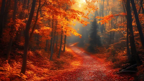 Autumn Forest Pathway Glowing with Warm Golden Sunlight