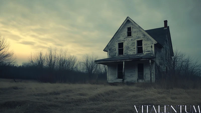 Weathered farmhouse waits quietly beneath a brooding sky