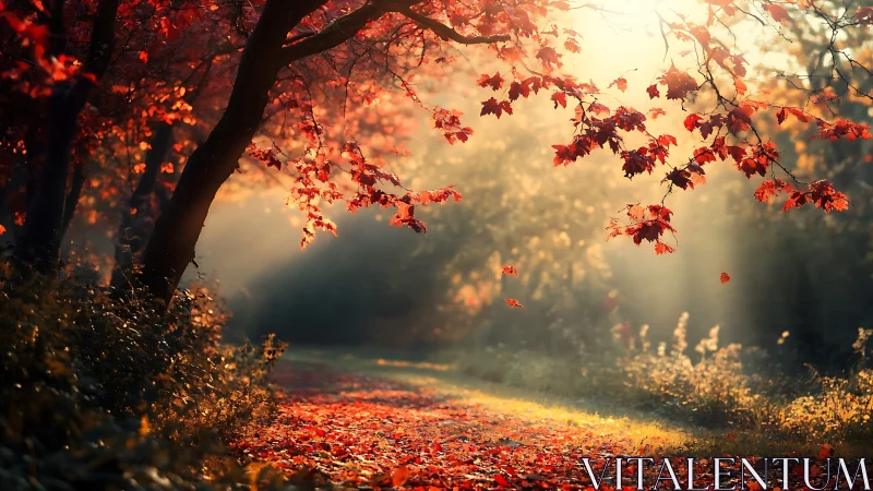 Sunlit Autumn Path with Red Maple Canopy and Golden Hour Atmospheric Depth