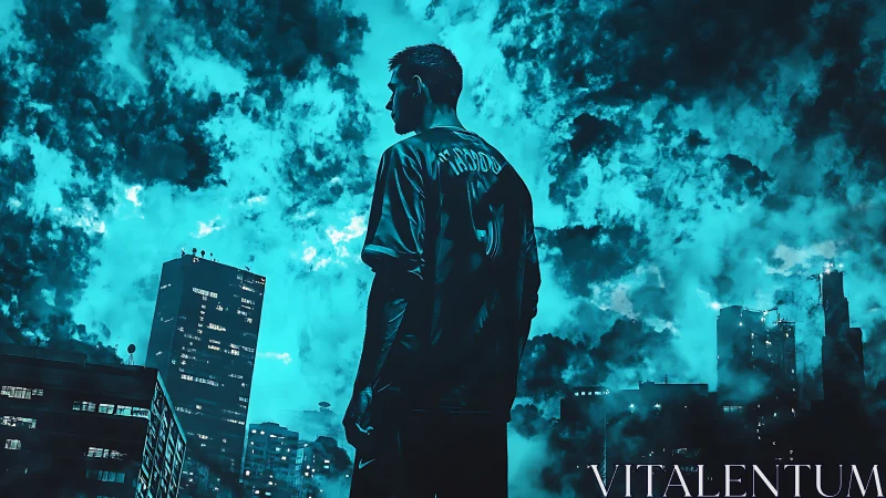 Backlit footballer dominates neon teal urban storm skyline