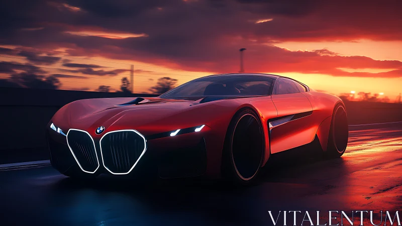 Red BMW concept supercar glows on rain soaked highway at dusk