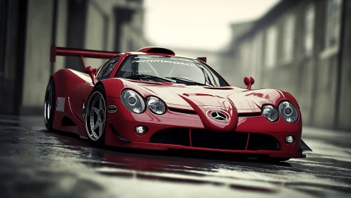 Aggressive red race car gleams on a wet urban street.
