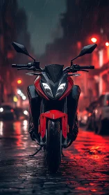 Sport motorcycle stands in neon lit rainy city street