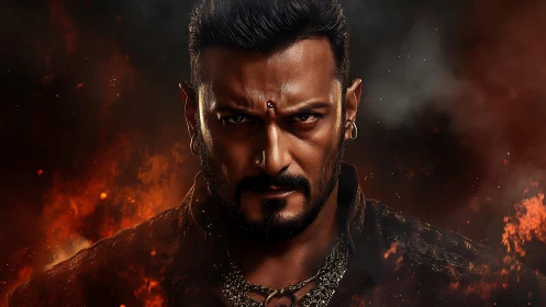 Intense warrior stares forward amid surrounding fire and smoke