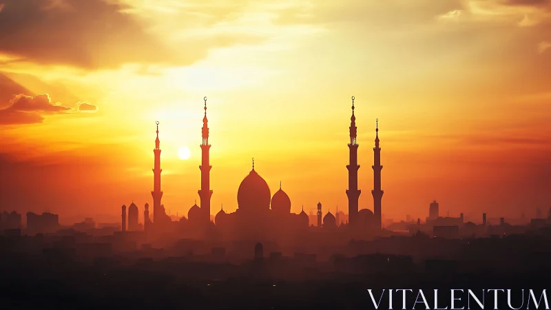 Silhouetted mosque skyline under radiant sunset gradients.