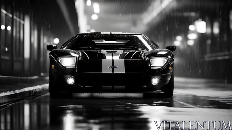 Black Ford GT front view on wet city street at night.