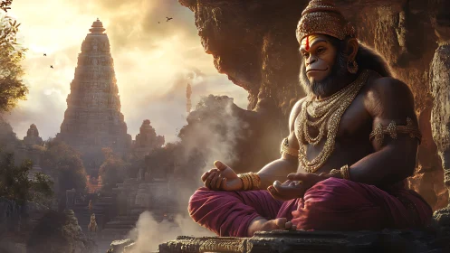 Divine simian deity meditates before misty stone temple complex.