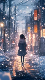 Girl wandering a softly lit winter street of quiet snow.