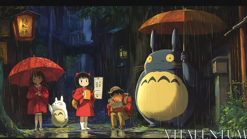 Rain-soaked alley scene with stylized characters under umbrellas