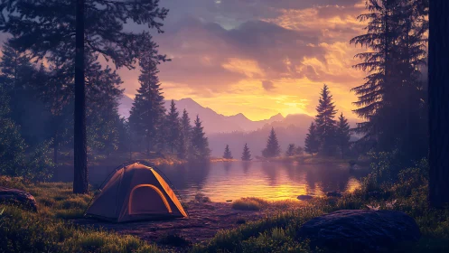 Sunset camping tent beside tranquil forest mountain lake