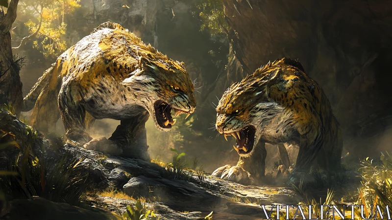 Two Snarling Wildcats in Misty Forest Confrontation