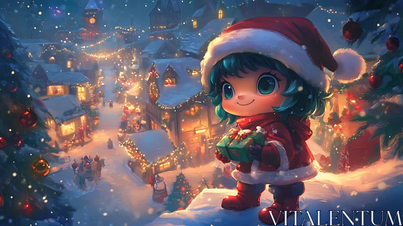 Festive child character overlooking glowing winter village.