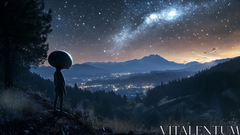 Alien silhouette observing luminous valley under starry sky.