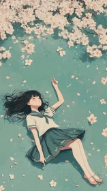 Daydreaming schoolgirl adrift beneath drifting cherry clouds.
