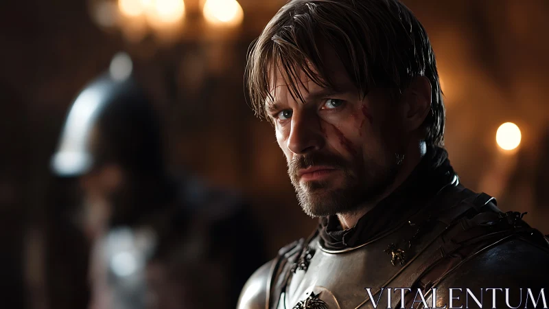 Battle worn knight pausing in candlelit stone hall.