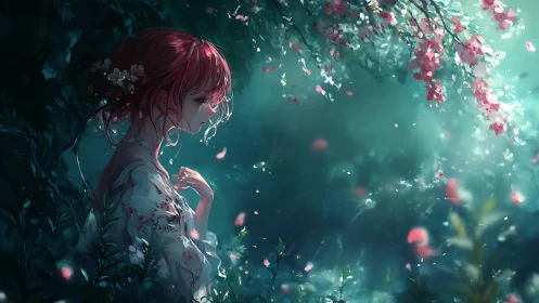 Solitary red haired girl in teal forest glade with blossoms