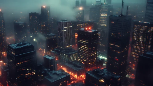 Dense foggy high rise cityscape with illuminated windows.