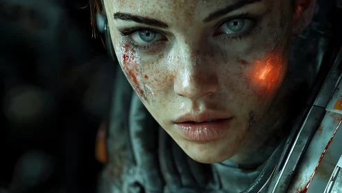 Damaged cybernetic soldier portrait with glowing cheek implant